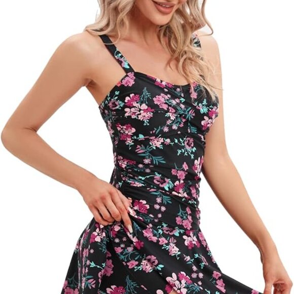 RWFVSJ One Piece Swimdress Flower Black Size Large - Picture 3 of 5